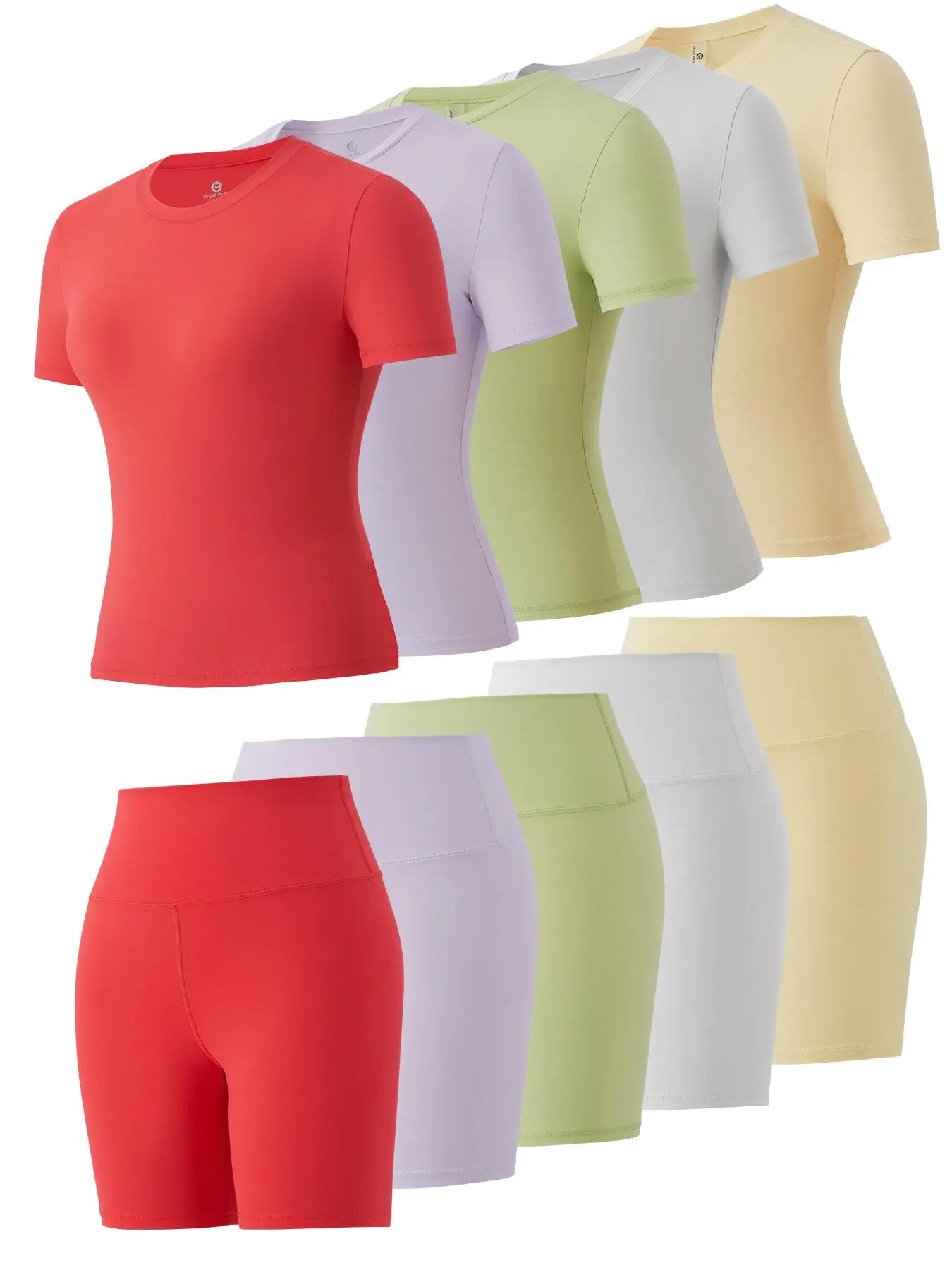 Two-Piece Women's Solid Round Neck T-Shirt and High Waist Biker Shorts Tracksuit, Casual Athletic Activewear for Indoor and Outdoor Use