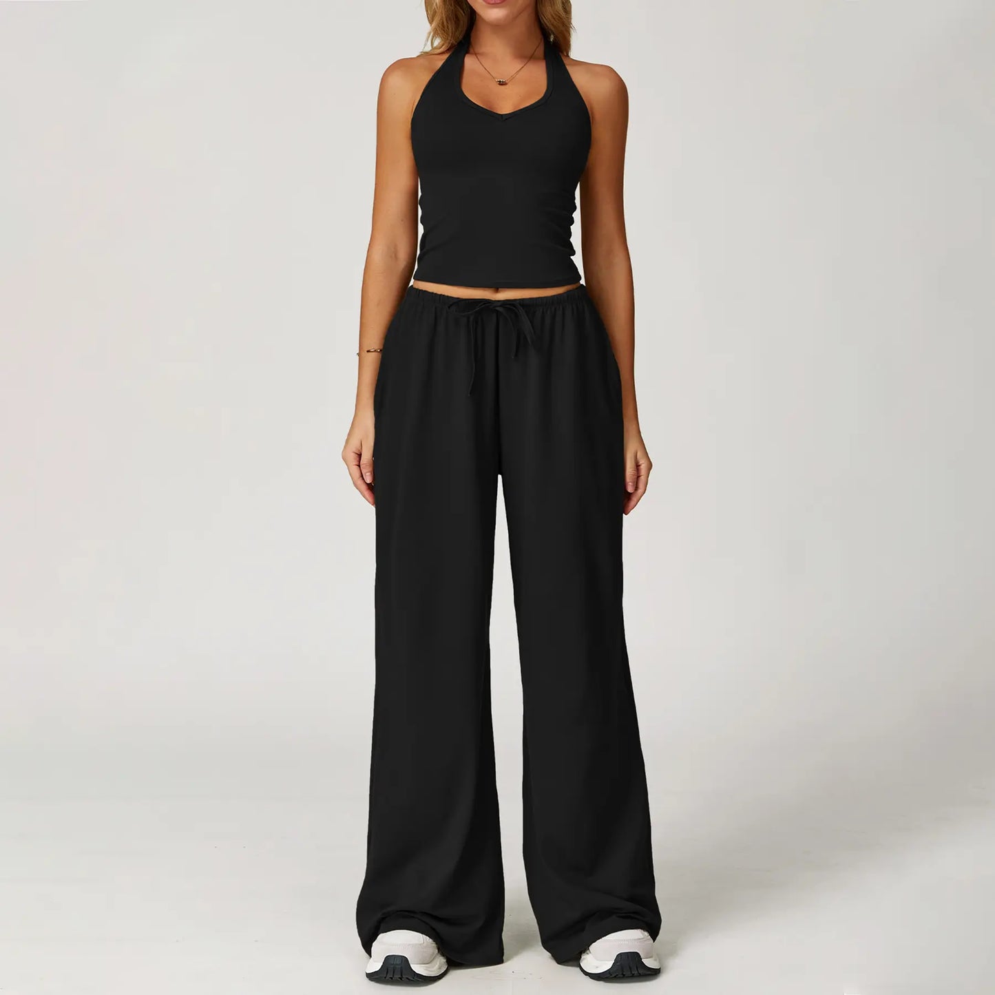 NVWA Women'S 2-Piece Athleisure Outfits - Polyester-Silk Fitted Summervibe Sweatsuit, Adjustable V-Neck Strappy Top & Wide Leg Pants, Cooling Quick-Drying Breathable Figure-Flattering Women'S Clothes, Workout Sets for Gym & Travel,Summerwins