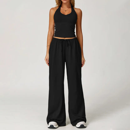 NVWA Women'S 2-Piece Athleisure Outfits - Polyester-Silk Fitted Summervibe Sweatsuit, Adjustable V-Neck Strappy Top & Wide Leg Pants, Cooling Quick-Drying Breathable Figure-Flattering Women'S Clothes, Workout Sets for Gym & Travel,Summerwins