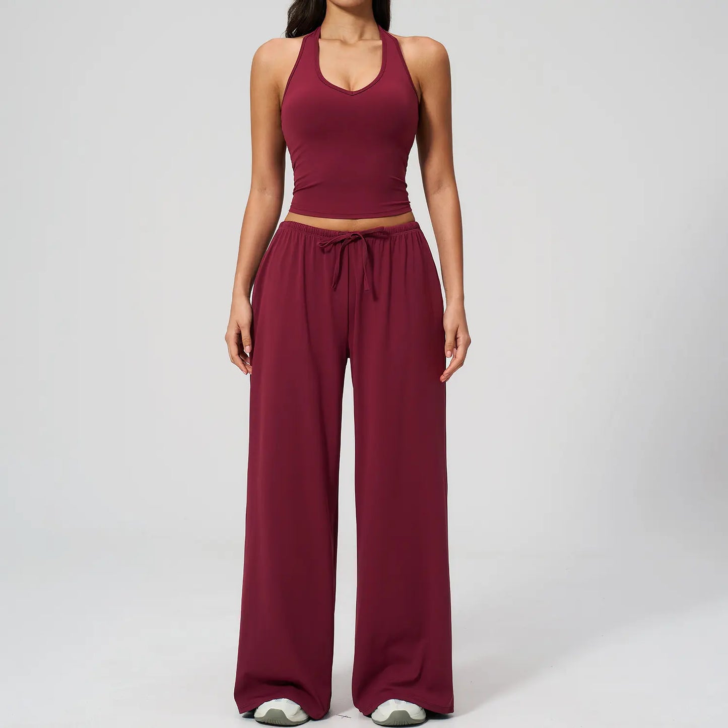 NVWA Women'S 2-Piece Athleisure Outfits - Polyester-Silk Fitted Summervibe Sweatsuit, Adjustable V-Neck Strappy Top & Wide Leg Pants, Cooling Quick-Drying Breathable Figure-Flattering Women'S Clothes, Workout Sets for Gym & Travel,Summerwins