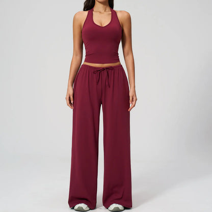 NVWA Women'S 2-Piece Athleisure Outfits - Polyester-Silk Fitted Summervibe Sweatsuit, Adjustable V-Neck Strappy Top & Wide Leg Pants, Cooling Quick-Drying Breathable Figure-Flattering Women'S Clothes, Workout Sets for Gym & Travel,Summerwins