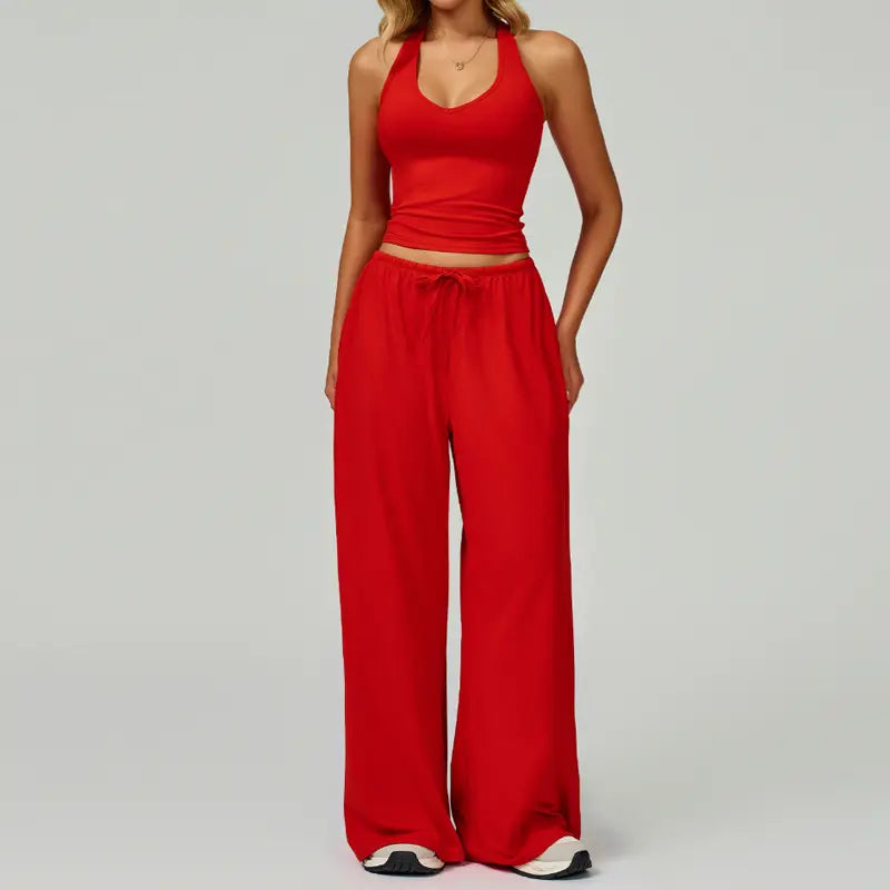 NVWA Women'S 2-Piece Athleisure Outfits - Polyester-Silk Fitted Summervibe Sweatsuit, Adjustable V-Neck Strappy Top & Wide Leg Pants, Cooling Quick-Drying Breathable Figure-Flattering Women'S Clothes, Workout Sets for Gym & Travel,Summerwins