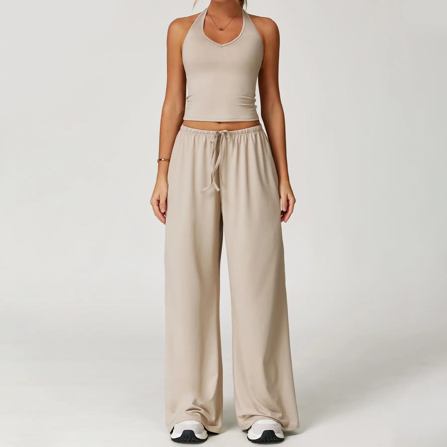 NVWA Women'S 2-Piece Athleisure Outfits - Polyester-Silk Fitted Summervibe Sweatsuit, Adjustable V-Neck Strappy Top & Wide Leg Pants, Cooling Quick-Drying Breathable Figure-Flattering Women'S Clothes, Workout Sets for Gym & Travel,Summerwins