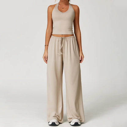 NVWA Women'S 2-Piece Athleisure Outfits - Polyester-Silk Fitted Summervibe Sweatsuit, Adjustable V-Neck Strappy Top & Wide Leg Pants, Cooling Quick-Drying Breathable Figure-Flattering Women'S Clothes, Workout Sets for Gym & Travel,Summerwins