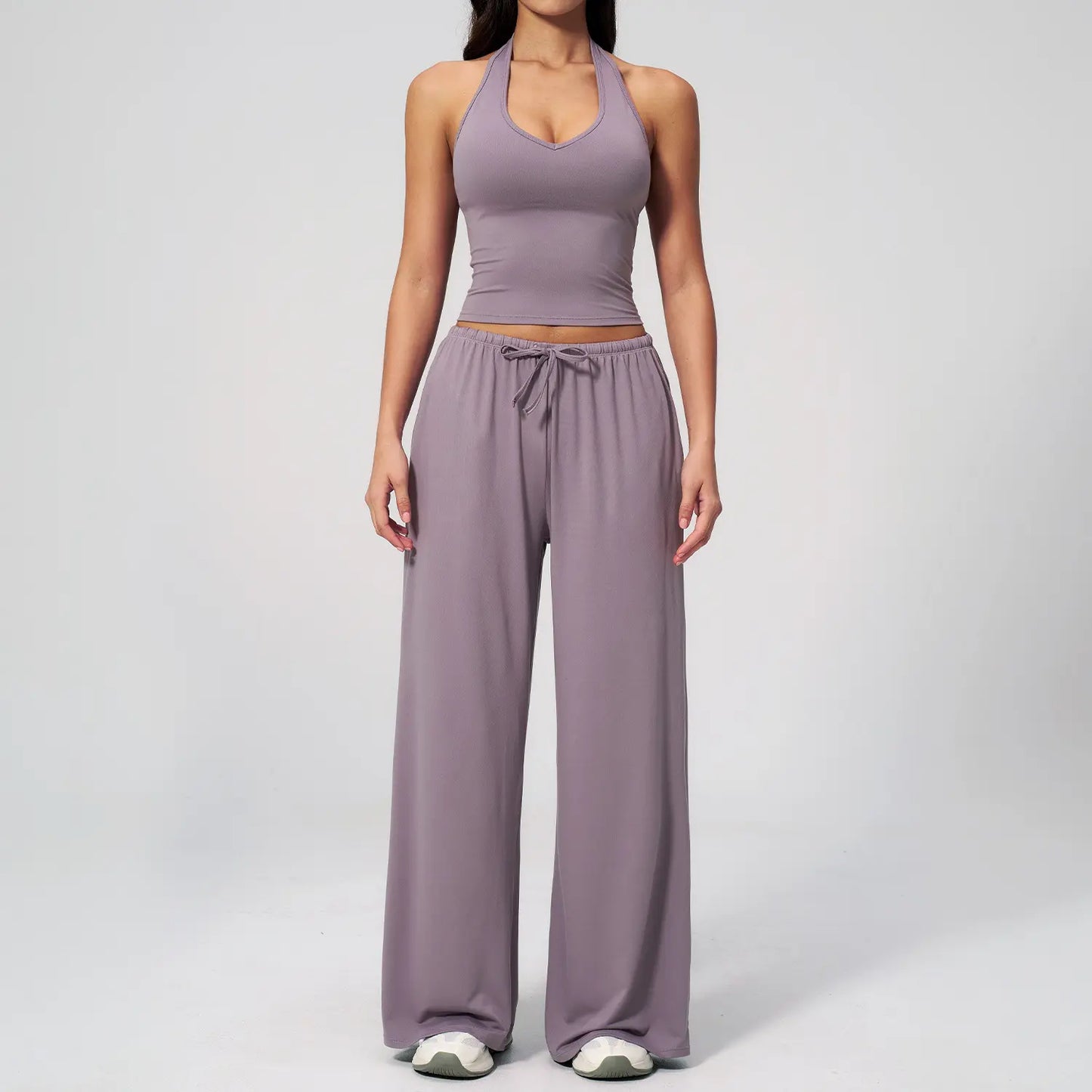 NVWA Women'S 2-Piece Athleisure Outfits - Polyester-Silk Fitted Summervibe Sweatsuit, Adjustable V-Neck Strappy Top & Wide Leg Pants, Cooling Quick-Drying Breathable Figure-Flattering Women'S Clothes, Workout Sets for Gym & Travel,Summerwins