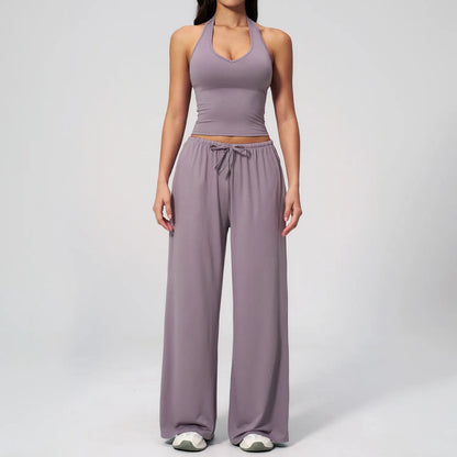 NVWA Women'S 2-Piece Athleisure Outfits - Polyester-Silk Fitted Summervibe Sweatsuit, Adjustable V-Neck Strappy Top & Wide Leg Pants, Cooling Quick-Drying Breathable Figure-Flattering Women'S Clothes, Workout Sets for Gym & Travel,Summerwins