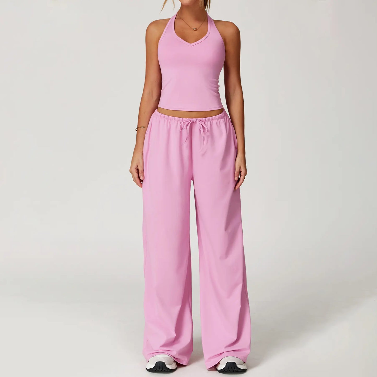 NVWA Women'S 2-Piece Athleisure Outfits - Polyester-Silk Fitted Summervibe Sweatsuit, Adjustable V-Neck Strappy Top & Wide Leg Pants, Cooling Quick-Drying Breathable Figure-Flattering Women'S Clothes, Workout Sets for Gym & Travel,Summerwins