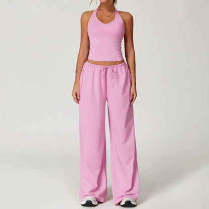 NVWA Women'S 2-Piece Athleisure Outfits - Polyester-Silk Fitted Summervibe Sweatsuit, Adjustable V-Neck Strappy Top & Wide Leg Pants, Cooling Quick-Drying Breathable Figure-Flattering Women'S Clothes, Workout Sets for Gym & Travel,Summerwins