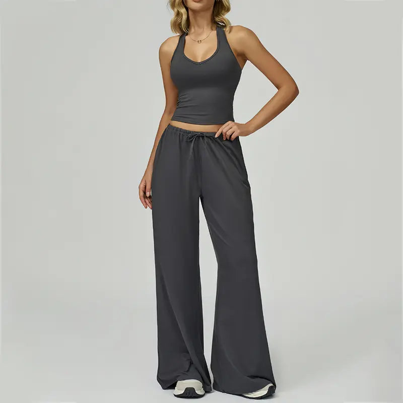NVWA Women'S 2-Piece Athleisure Outfits - Polyester-Silk Fitted Summervibe Sweatsuit, Adjustable V-Neck Strappy Top & Wide Leg Pants, Cooling Quick-Drying Breathable Figure-Flattering Women'S Clothes, Workout Sets for Gym & Travel,Summerwins