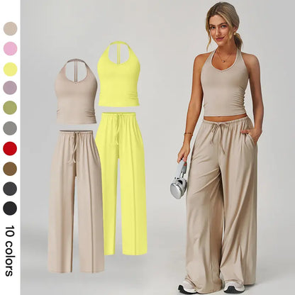 NVWA Women'S 2-Piece Athleisure Outfits - Polyester-Silk Fitted Summervibe Sweatsuit, Adjustable V-Neck Strappy Top & Wide Leg Pants, Cooling Quick-Drying Breathable Figure-Flattering Women'S Clothes, Workout Sets for Gym & Travel,Summerwins